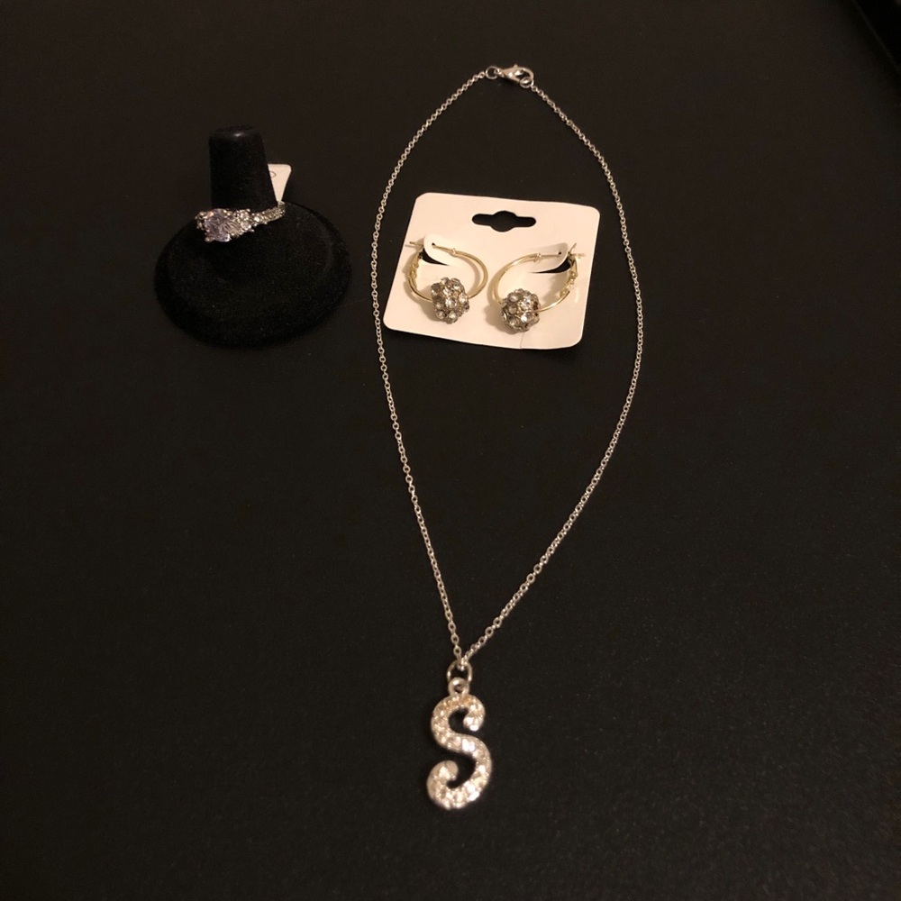 Silver Initial 'S' Pendant Necklace Earrings and Ring Set